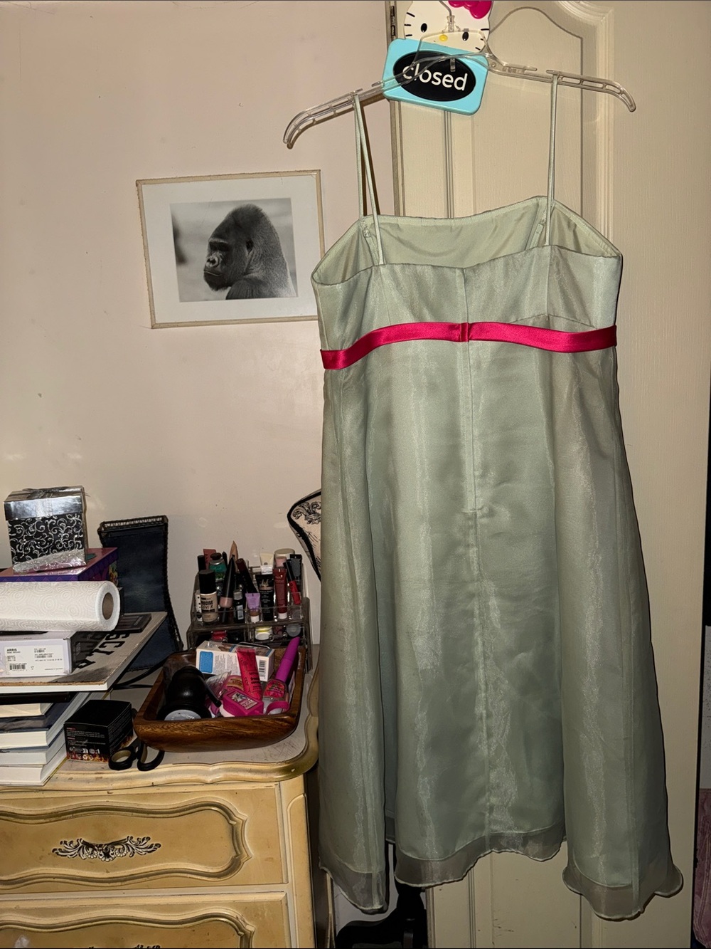 Sage Green Spaghetti Strap Dress with Hot Pink Sash
